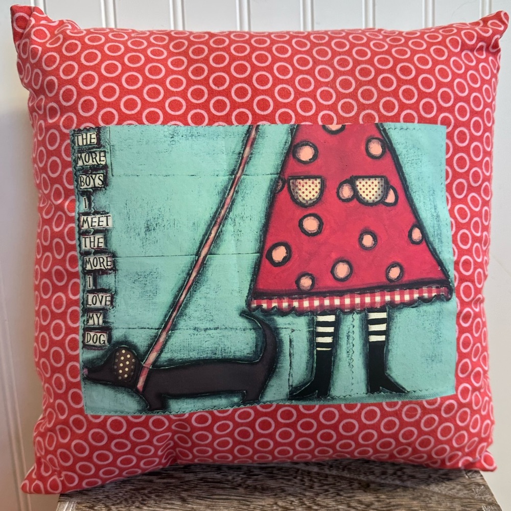 Red Polka Dot Decorative Pillow Featuring A Dachsund